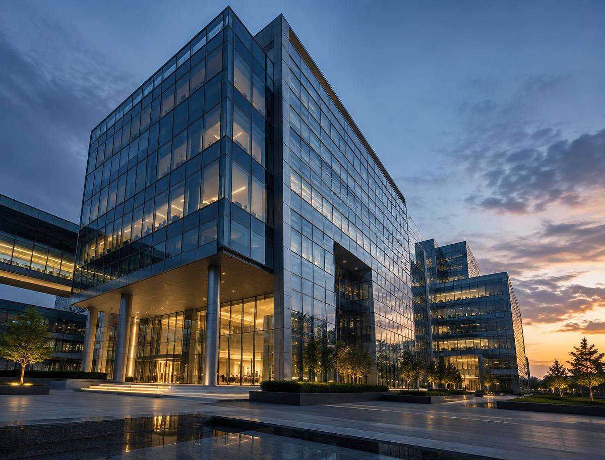 Modern glass enterprise building at dusk