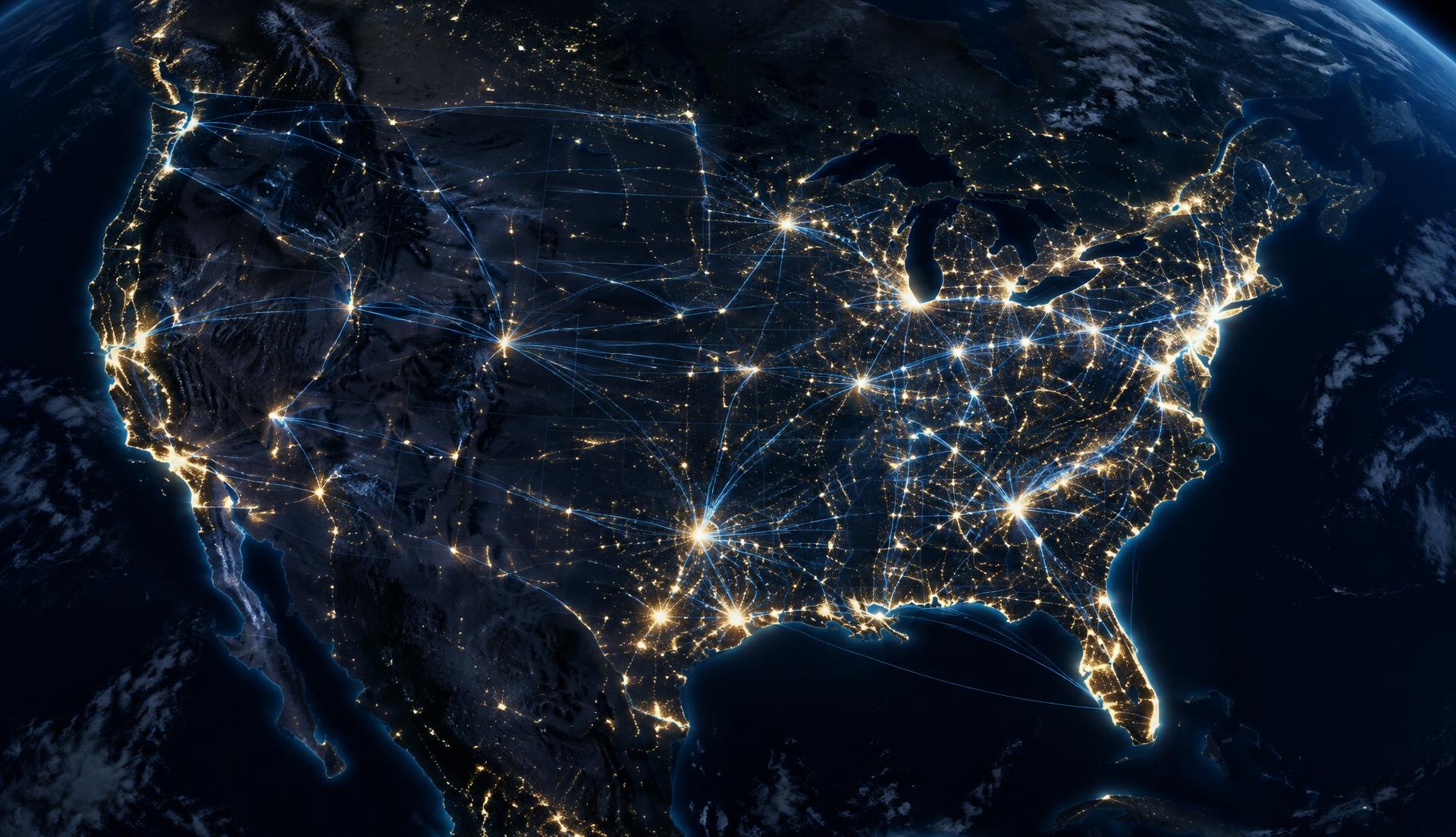 Illuminated connections across the United States at night